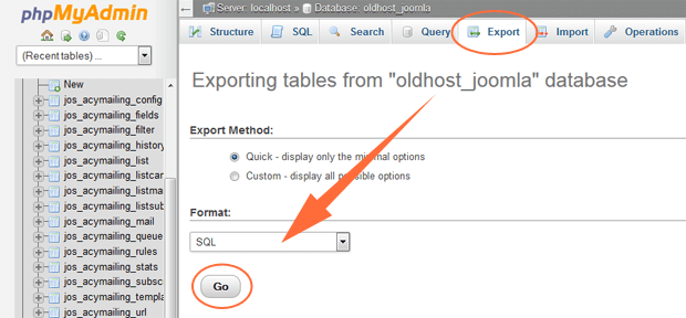 phpmyadminExportDatabaseTableJoomla